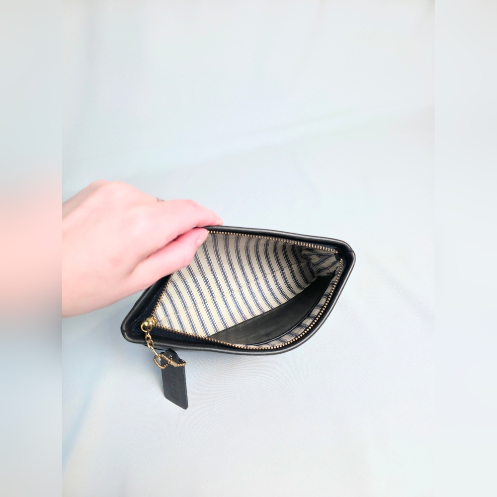 Vintage Coach Cosmetic Case Large 7172 Blavy Navy Leather Pouch Blue Ticking - Picture 6 of 14